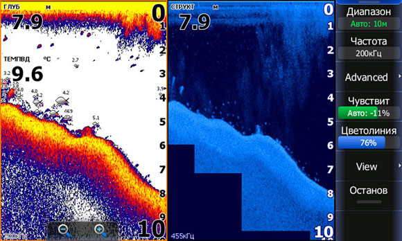 Экран нижнего сканера DSI - Чем ближе рыба ко дну, тем сложнее сонар определяет ее как отдельный объект