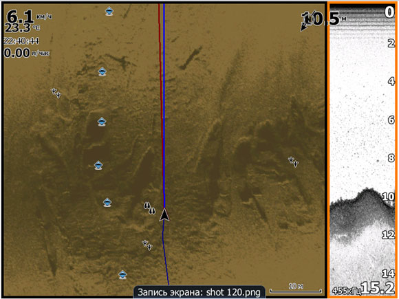 Скриншот с экрана эхолота Lowrance