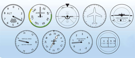 Альтиметр, Датчик воздушной скорости, Гировертикаль, Гироскопический указатель курса /ПНП, Датчик скольжения, Индикатор вертикальной скорости, Автоматический радиокомпас с GPS, Акселерометр, Магнитный компас